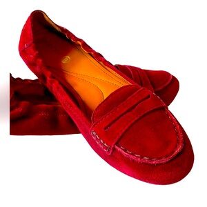Italian burgundy suede slip on penny loafers using cutting-edge technology.